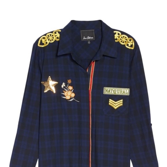 Sam Edelman Navy Plaid Shirt Blue Embroidered - Picture 3 of 5